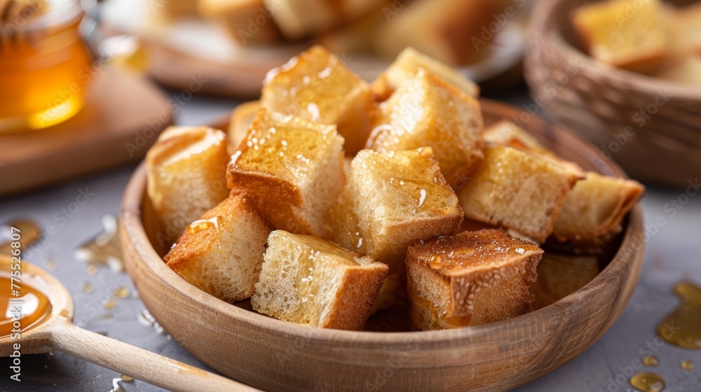 Honey toast cut into bite-sized cubes, ideal for sharing and dipping in honey sauce Honey toast cut into bite-sized cubes, ideal for sharing and dipping in honey sauce