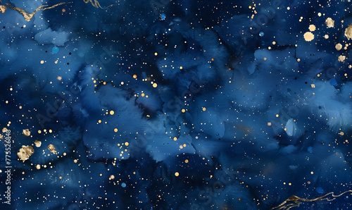 dark blue celestial watercolor bookmark design, gold ink stars, Generative AI