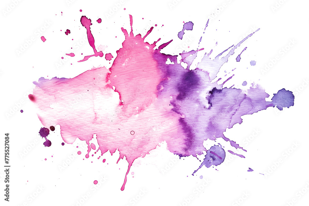 Pink and purple watercolor splatter blot on transparent background.