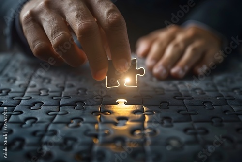 Businessman Fitting Puzzle Piece Into Larger Puzzle Symbolic of Solutions and Strategic Planning