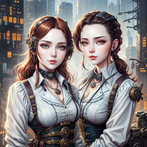 Portrait of two steampunk girls. Friends, sisters. Teenagers, schoolgirls. Cosplay. Book illustration. Couple in the city