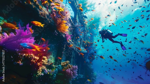 A diver swimming through a colorful shipwreck with schools of fish inhabiting its nooks and crannies, highlighting the history and life within shipwrecks