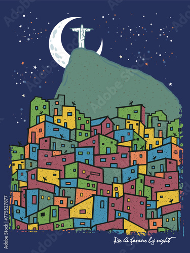 Stylized vector illustration of cityscape of Rio de Janeiro, Brazil at night. Art in minimalist style.