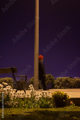 Mujer usando un beani rojo parada apoyada en un poste de eléctrico de perfil, día de invierno, está en un parque de noche en la cima de la ciudad photo