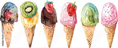 watercolor illustration of different ice cream on sticks, chocolate with kiwi and colorful swirls with cherry in cone isolated white background