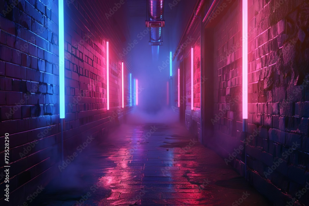 Dark, empty alleyway with old brick walls and neon lights, foggy atmosphere, grungy urban night scene, 3D illustration