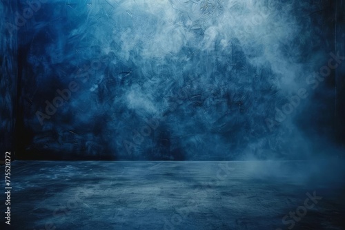 Dark blue abstract cement wall texture with floating smoke  empty studio room background