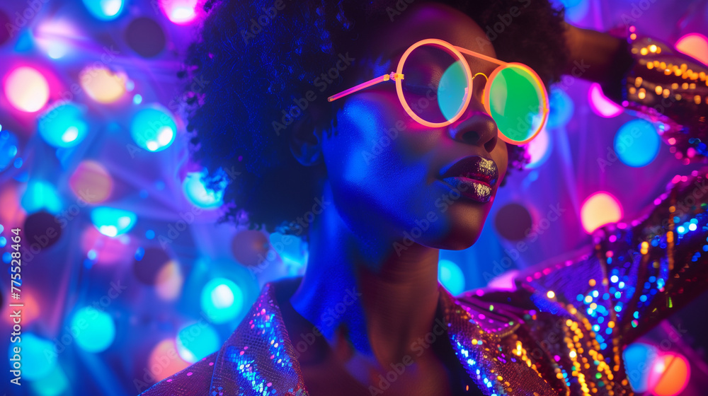 A woman wearing neon glasses stands in front of vibrant colored lights at a retro disco party scene. Copy space.