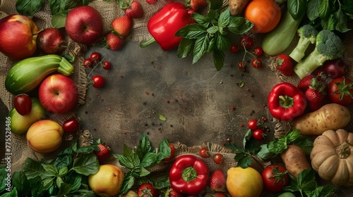Variety of colorful vegetables and fruits on rustic burlap with herbs and spices 
