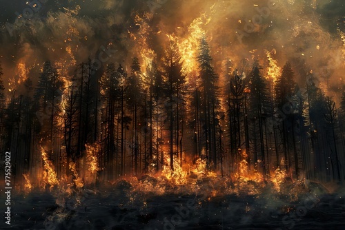 Devastating Forest Fire at Night, Burning Trees and Wildfire Destruction, Environmental Damage from Global Warming, Digital Art