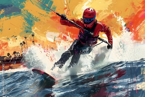 Exhilarating Wakeboarding Competition in a Vibrant Pop Art Stadium Landscape
