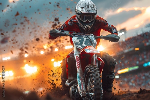 Exhilarating Motocross Event in Dramatic Stadium Setting with Dirt Bikes Soaring Amidst Clouds of Dust and Cheering Spectators