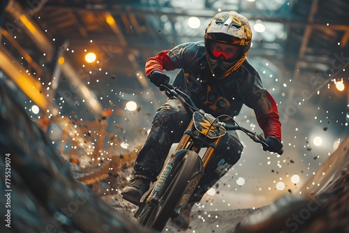 Thrilling BMX Bike Competition in an Extreme Sport Stadium with Colorful Graffiti Style Graphics and Daring Stunts against an Urban Backdrop photo