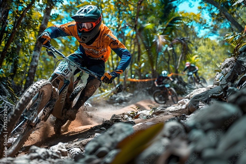 Exhilarating Mountain Bike Race Through Lush Forested Terrain with Airborne Rider Navigating Rugged Obstacles
