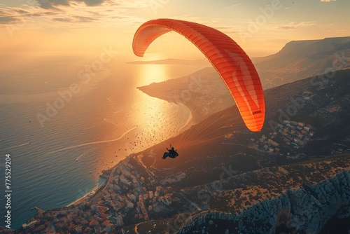 Breathtaking Aerial Views of a Paragliding Competition with Daring Athletes Soaring Through the Sky and Magnificent Coastal Landscapes in a Serene