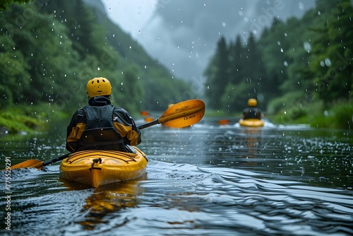 Adrenaline Fueled Kayaking Adventure Amidst Lush Riverine Landscapes © LookChin AI