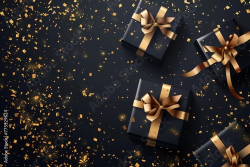 Elegant black gift boxes with luxurious golden ribbon bows and shimmering confetti scattered on a black background, festive digital illustration for birthdays or New Year's