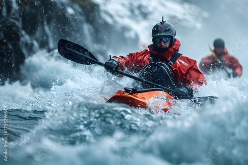 Intense and Thrilling Kayak Slalom Race Through Roaring River Rapids and Monumental Waterfalls © LookChin AI