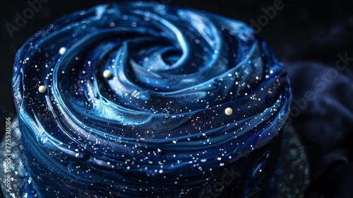 A dark blue cake decorated with swirls of white frosting and edible glitter, resembling a starry night sky.