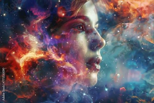 Ethereal Female Portrait with Colorful Space Nebula, Double Exposure Fantasy Art, Digital Painting