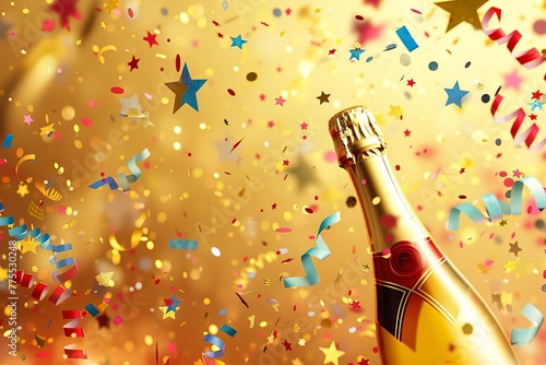 Festive celebration background, golden champagne bottle, confetti stars, party streamers, joyful occasion illustration