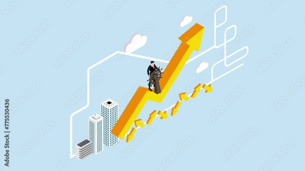 Businessman steering the uptrend chart Businessman steering the uptrend chart