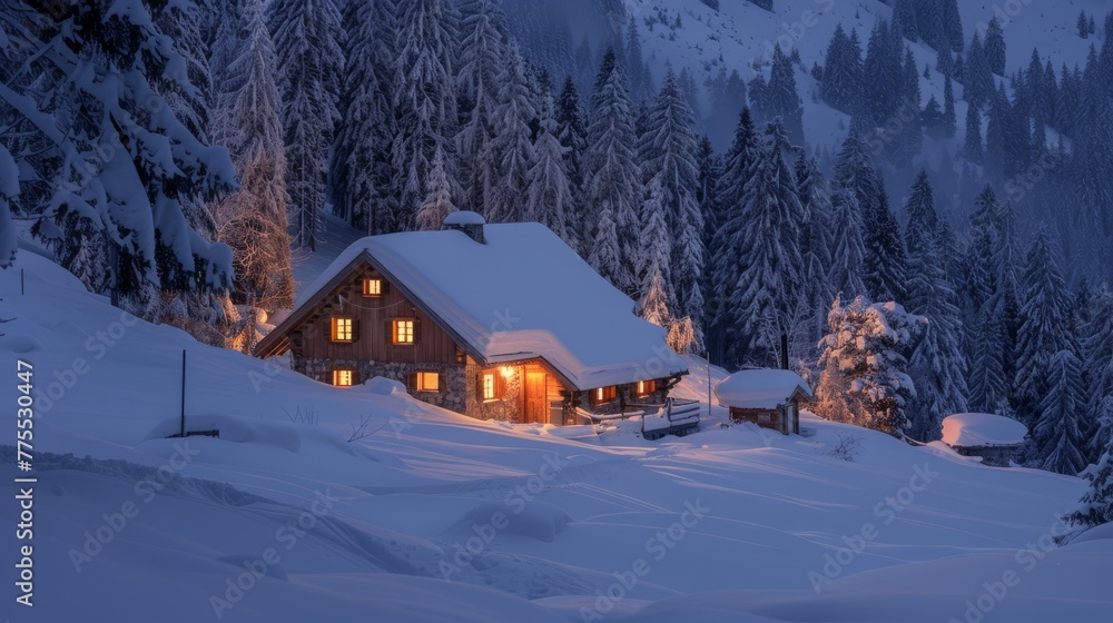 A cabin stands in the middle of a snow-covered mountain landscape