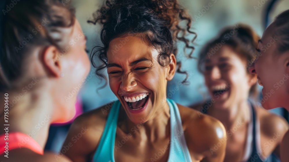 A group of friends laughing and motivating each other during a workout session at the gym