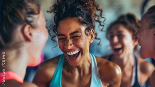 A group of friends laughing and motivating each other during a workout session at the gym