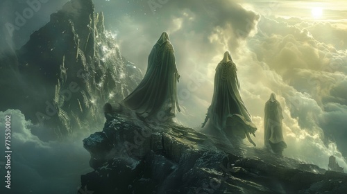 Dd in majestic cloaks the divine figures stand tall and regal on their sacred mountain their backs turned to the mortal world below. . . photo