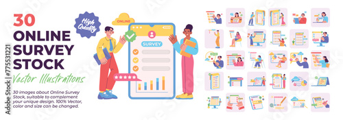 Collection pack of online survey, voting, election, questionnaire, equipment stock, online form voting concept illustrations. Set of illustration people doing survey, rating, and data annalysis. Vecto