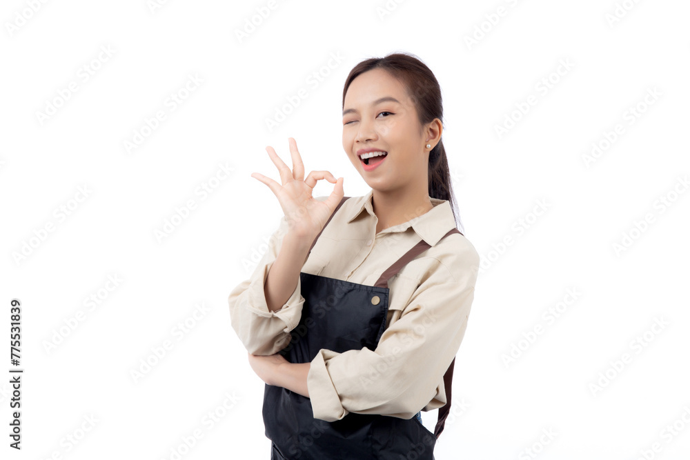 Portrait smiling young asian woman wearing apron showing ok sign with hand isolated white background, young asian woman making okay gesture, waitress or entrepreneur, small business or startup. Portrait smiling young asian woman wearing apron showing ok sign with hand isolated white background, young asian woman making okay gesture, waitress or entrepreneur, small business or startup.