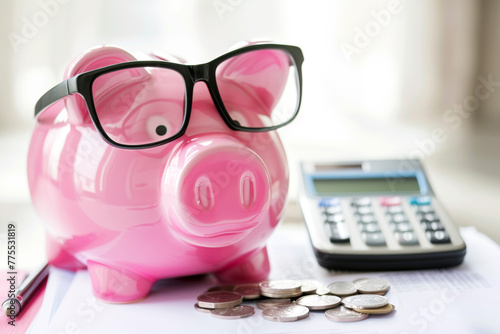 Pig piggy bank with glasses, coins, calculator, financial analytics, budget, savings, savings, mortgage. photo