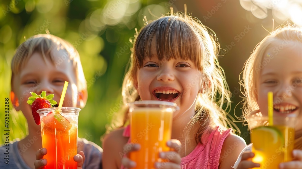 Children laughing and enjoying glasses of summer fruit juice, conveying the joy of the season Children laughing and enjoying glasses of summer fruit juice, conveying the joy of the season