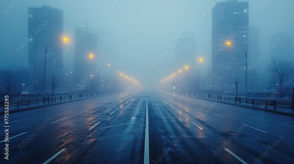 High quality photo of an empty street in thick fog. The atmosphere of danger, loneliness and mysticism. Generative AI