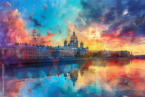 Petersburg, The Cathedral of the Dom Shawne in St Petersburg on Soused aerosol style, Beautiful colorful sky, watercolor, reflection in river with buildings and church in it, art print, oil paint photo