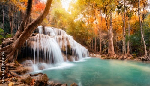 amazing of huay mae kamin waterfall in colorful autumn forest at kanchanaburi thailand photo