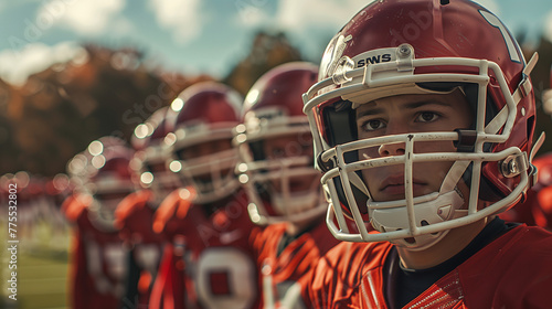 Cluster of youthful American football athletes standing in unison on a field © Aekawat