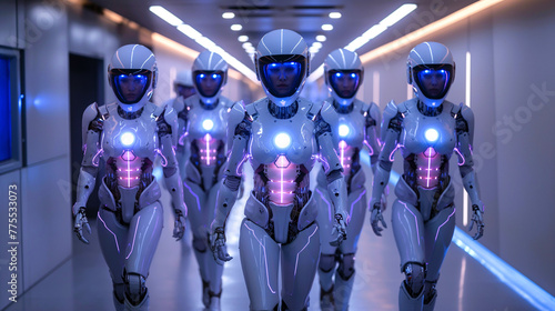 Five humanoids with female physiques and illuminated lights marching on a hallway