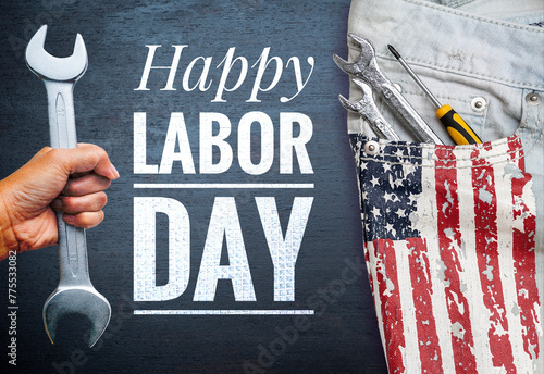 Labor day holiday poster background idea, Happy labor day banner with hand holding wrench and jean with USA flag pattern