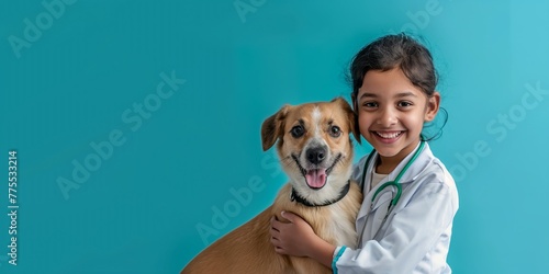 Cute Indian girl kid playing veterinarian with dog isolated on blue background with copy space.