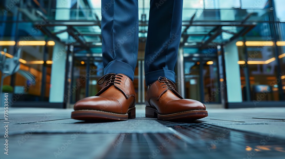 A closeup of the feet and leather shoes worn in the style of an elegant man in dark blue trousers, walking on a modern street A closeup of the feet and leather shoes worn in the style of an elegant man in dark blue trousers, walking on a modern street