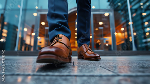 A closeup of the feet and leather shoes worn in the style of an elegant man in dark blue trousers, walking on a modern street 