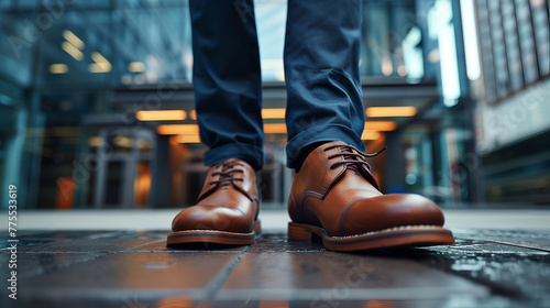 A closeup of the feet and leather shoes worn in the style of an elegant man in dark blue trousers, walking on a modern street 