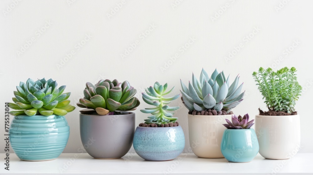 A row of stylish potted succulent plants decorates a table in a modern home setting. Copy space.