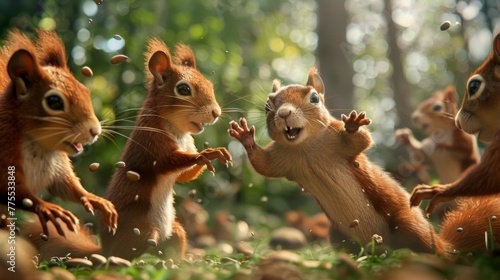 Capture a scene with multiple red squirrels interacting with each other in silly ways, like playing tag or wrestling for acorns