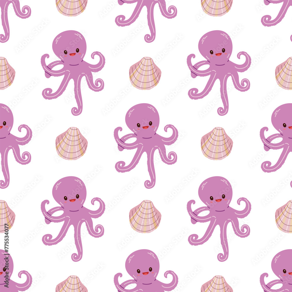 Cute hand-drawn colored octopus, seamless pattern in flat style, ocean aquatic underwater kawaii vector. Vector cartoon illustration on white background. - obrazy, fototapety, plakaty 