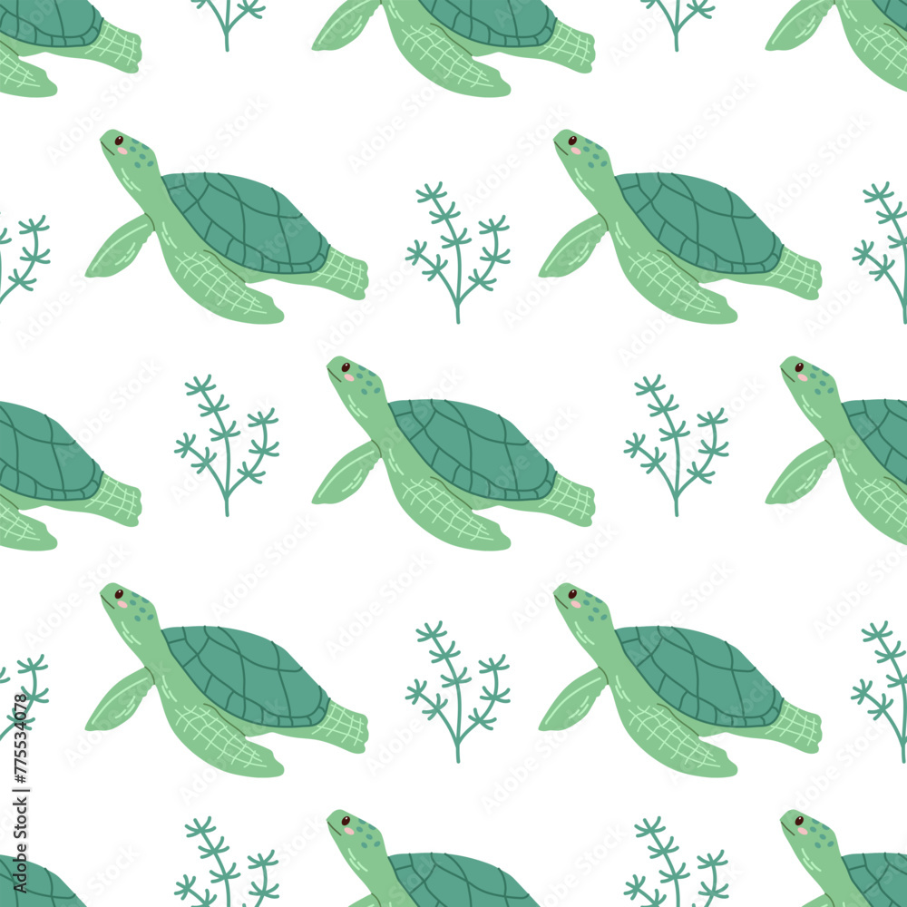 Cute hand-drawn colored marine green turtle, seamless pattern in flat style, ocean aquatic underwater kawaii vector. Vector cartoon illustration on white background. - obrazy, fototapety, plakaty 