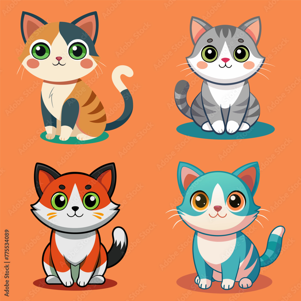 Fototapeta premium Cat collection. vector illustration In trendy flat style isolated on orange background.
