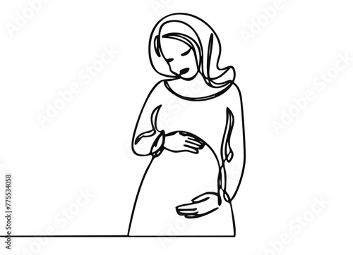 Pregnant Woman in one continuous line drawing. Healthy pregnancy and birth lovely baby symbol in simple linear style. Concept for Happy Mother day banner. Editable stroke. Doodle vector illustration